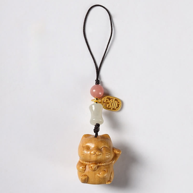 Sandalwood Spiritual Protection Key Chain with Lucky Cat Charm