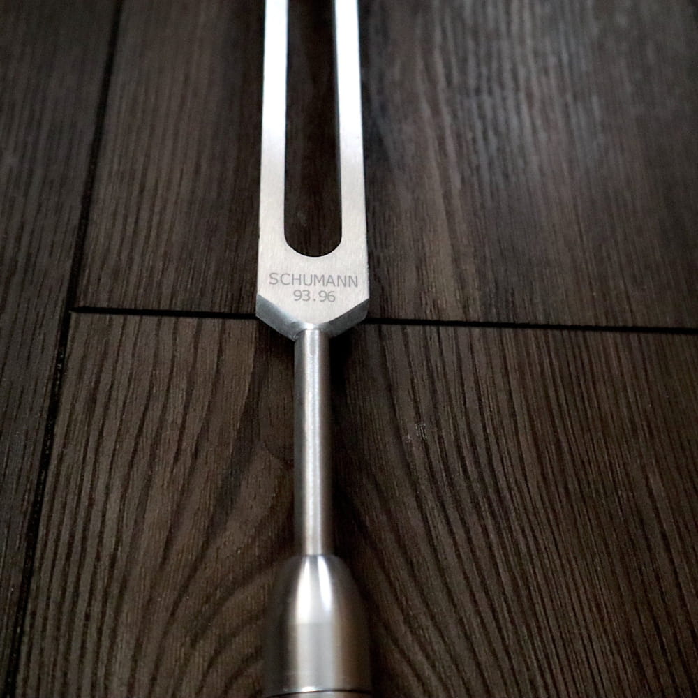 Metallic tuning fork engraved with Schumann, part of Schumann 93.96Hz Metal Tuning Fork