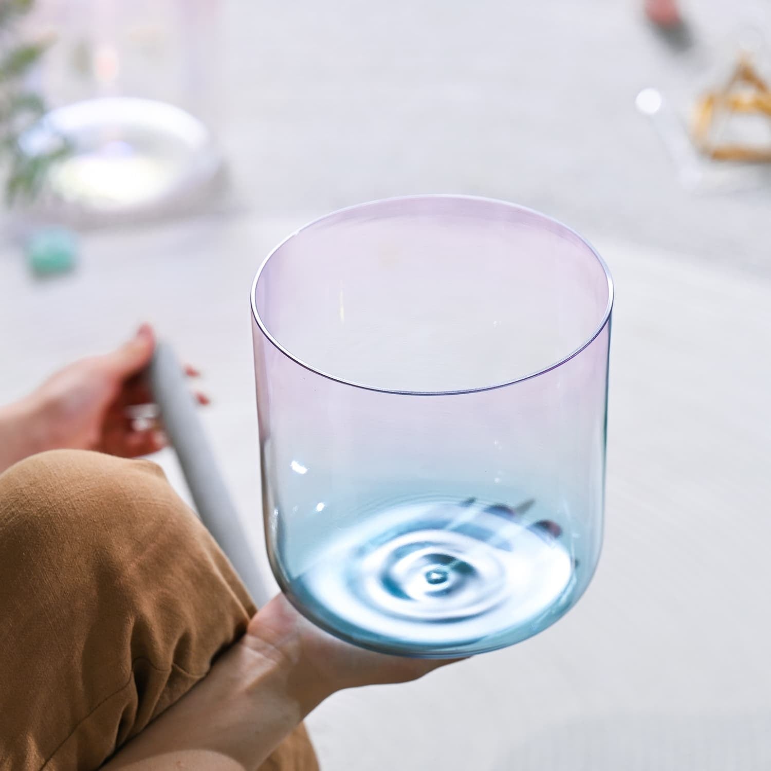 Gradient glass tumbler with ripple effect, part of Sea Lavender Crystal Singing Bowl Healing