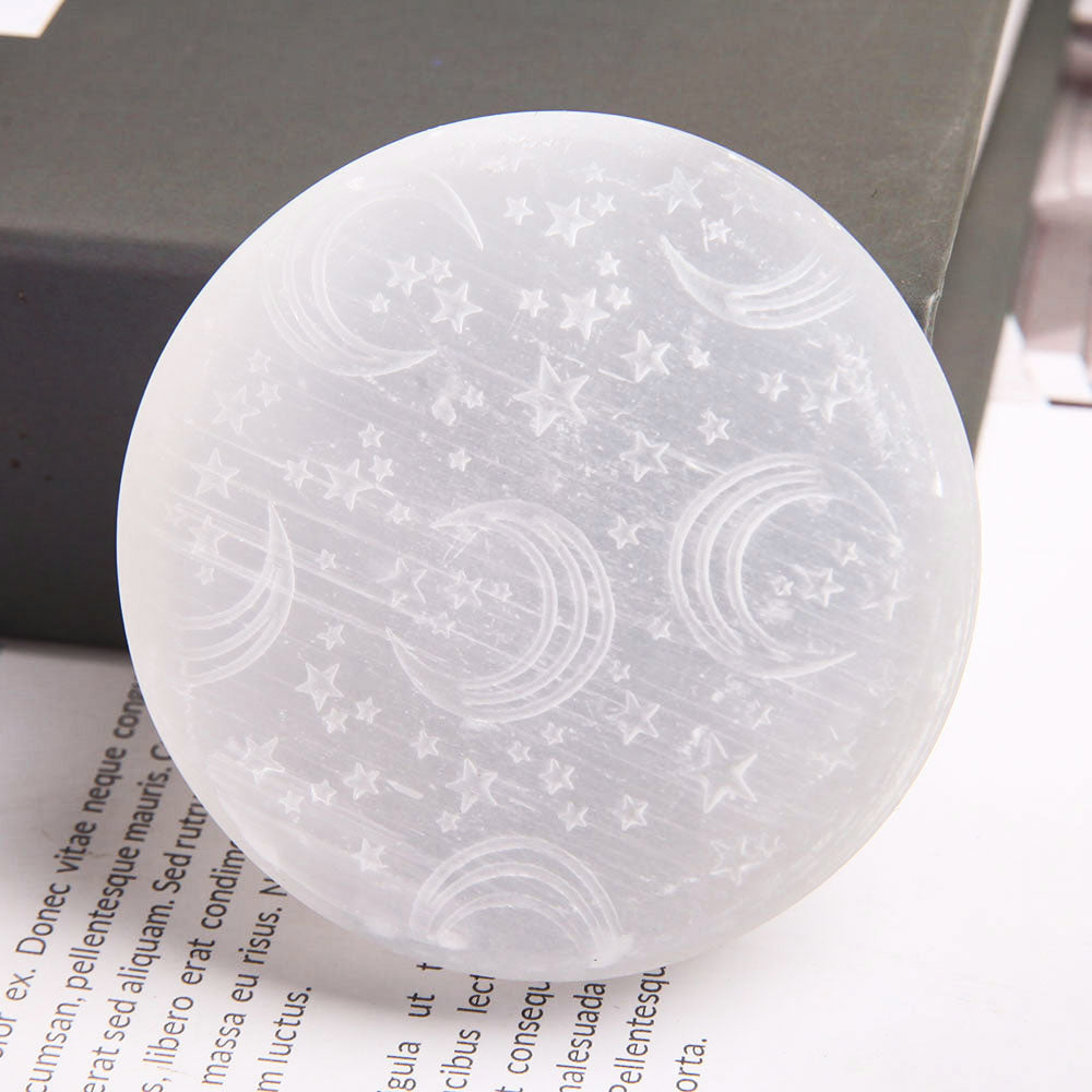 Selenite Palm Stone 65mm with Moon Engraving Healing Energy