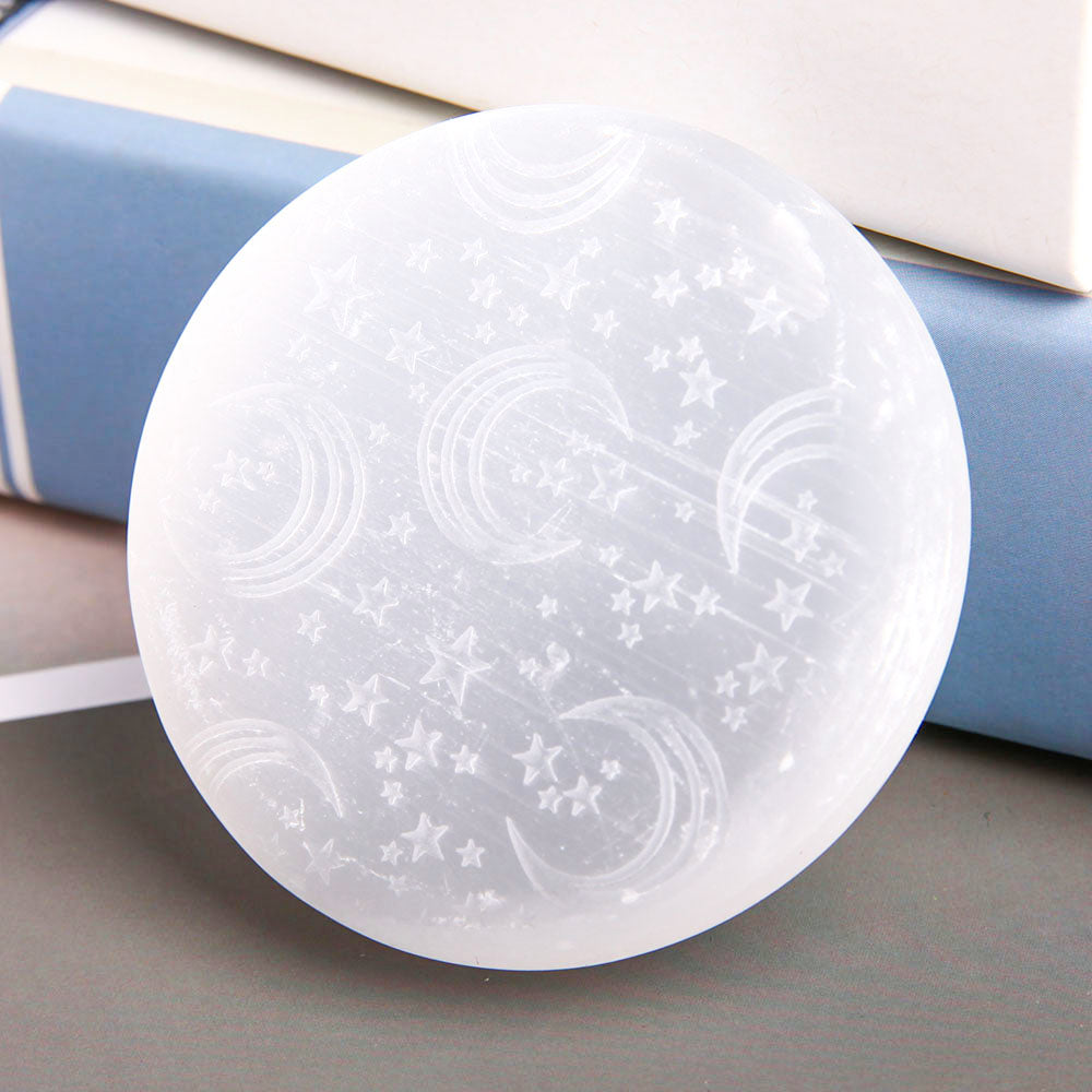 Selenite Palm Stone 65mm with Moon Engraving Healing Energy