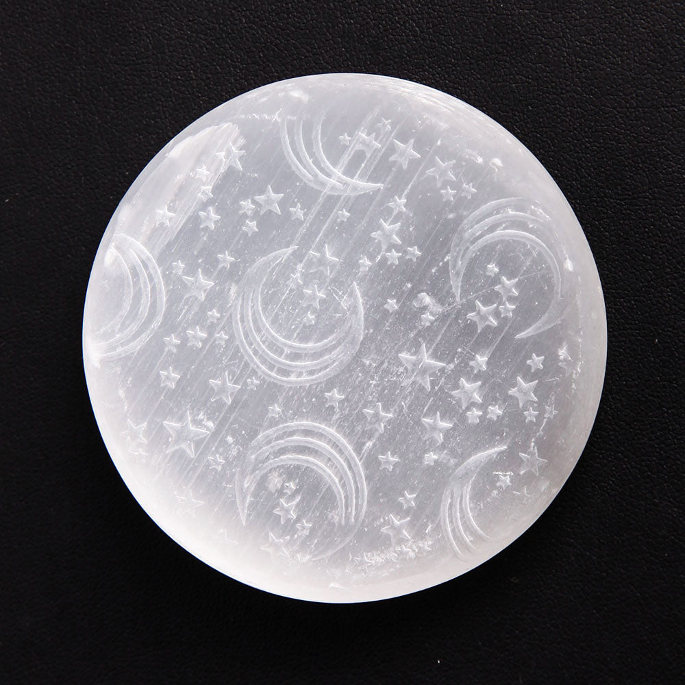 Selenite Palm Stone 65mm with Moon Engraving Healing Energy