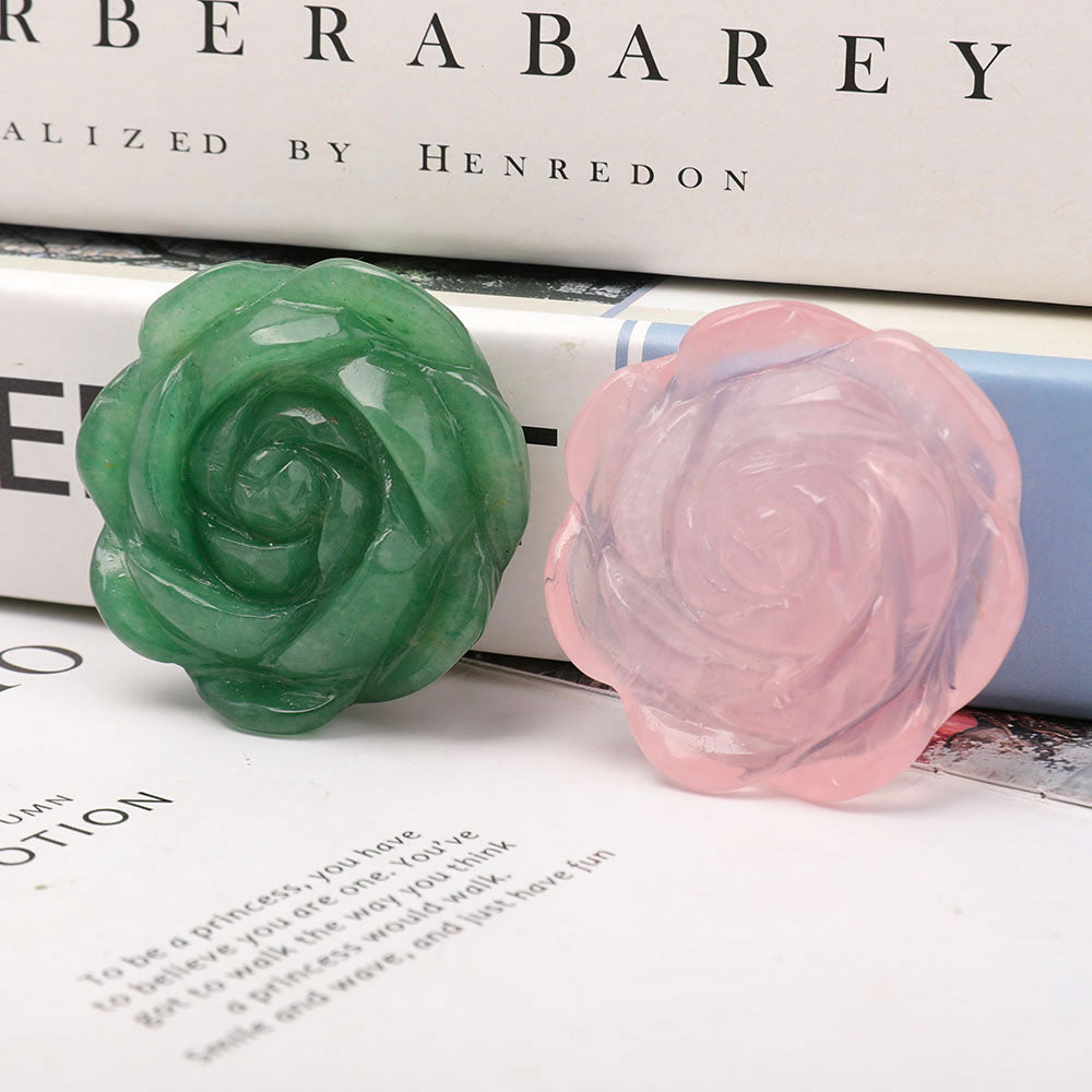 Set of 2 Crystal Flower Carvings Aventurine & Rose Quartz