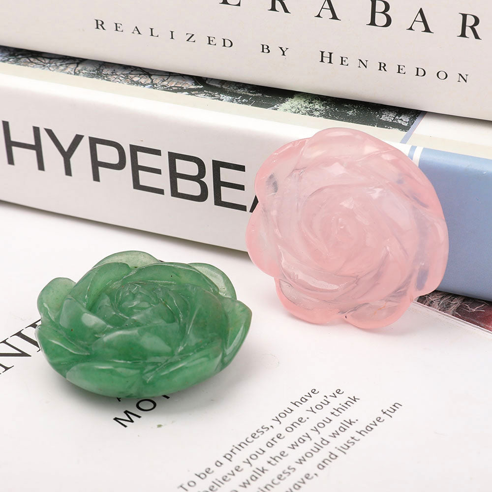 Set of 2 Crystal Flower Carvings Aventurine & Rose Quartz