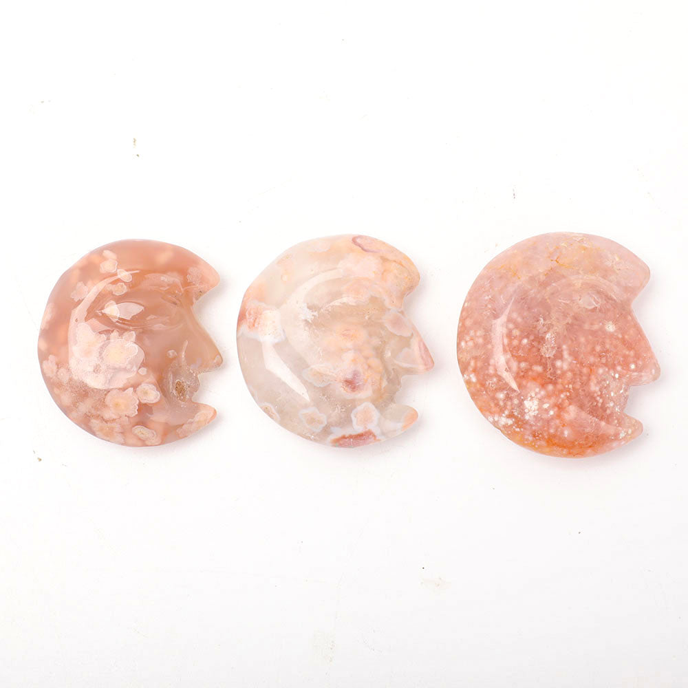 Set of 3 Flower Agate Moon Shape Carvings 2 inch
