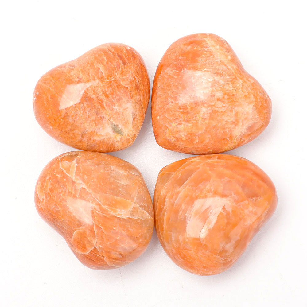Set of 4 Peach Moonstone Heart Shape Palm Stones