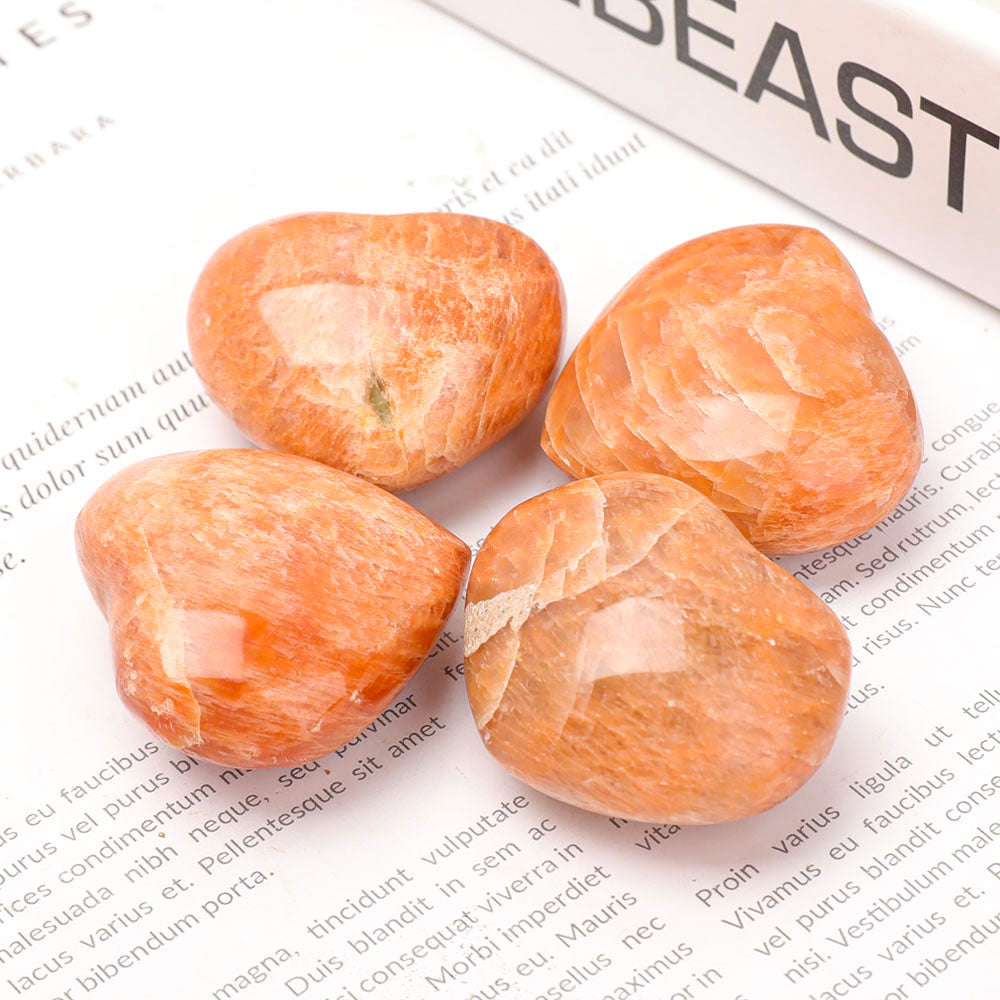 Set of 4 Peach Moonstone Heart Shape Palm Stones