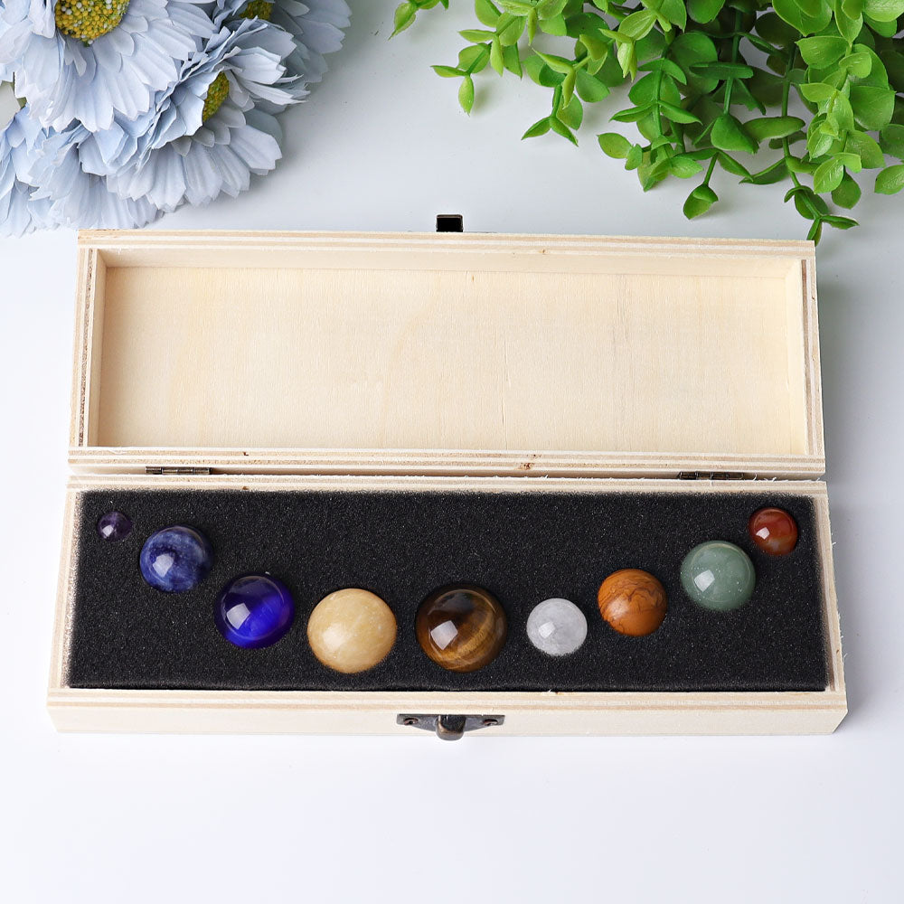 Set of 9 Crystal Spheres with Wooden Box for Energy Balance