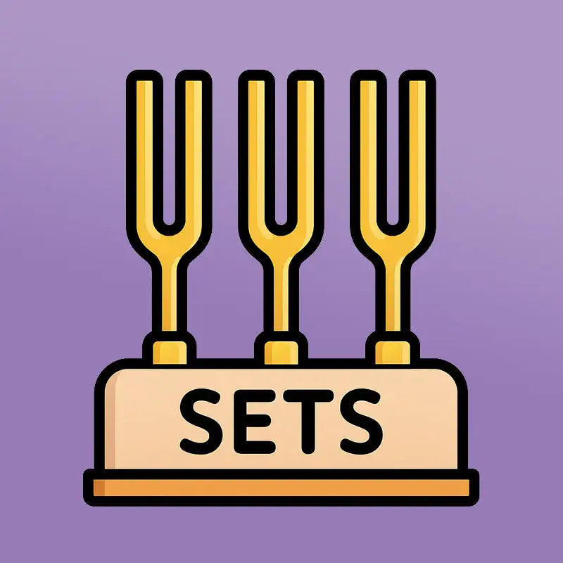 Three golden tuning forks mounted on a beige base with the word ’sets’ inscribed.