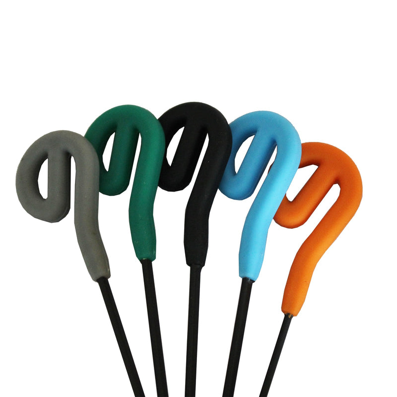 Five colorful ear hooks in gray, green, black, blue, and orange for Silicone Whale Mallet