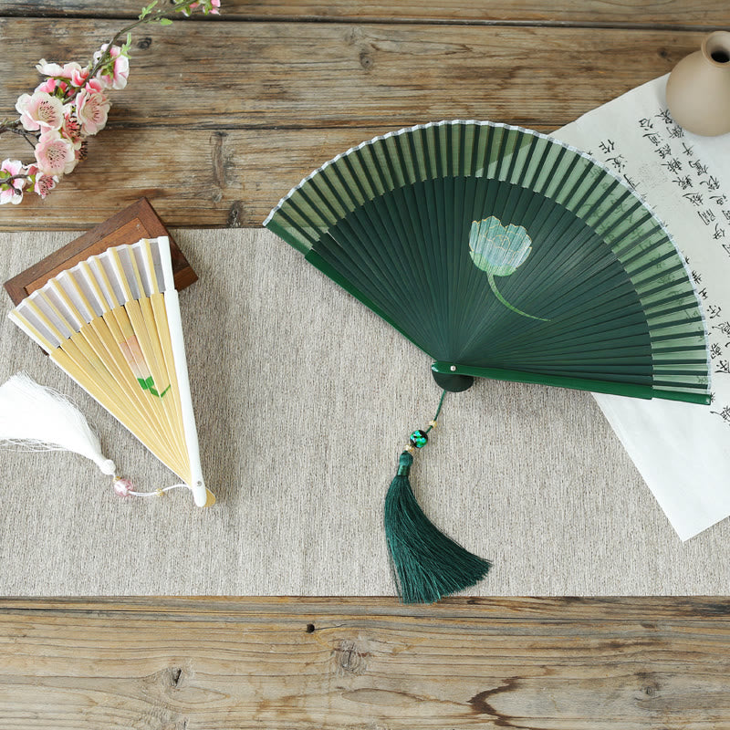 Silk Bamboo Chinese Folding Fan 21cm with Peony Flowers
