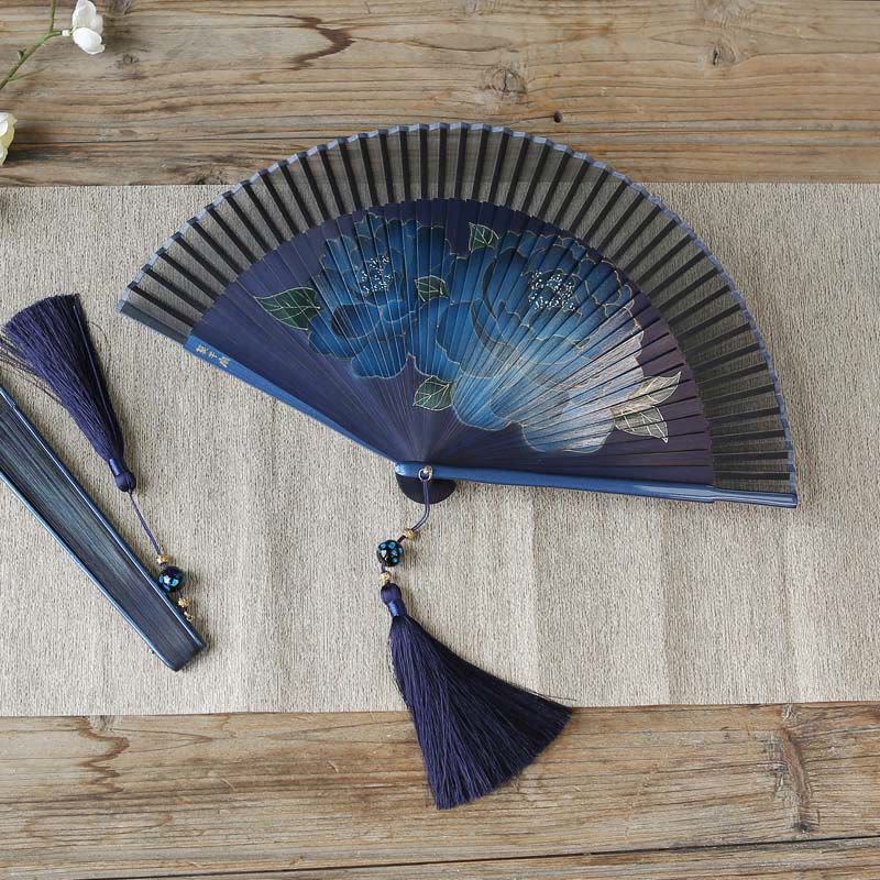Silk Bamboo Chinese Folding Fan 21cm with Peony Flowers