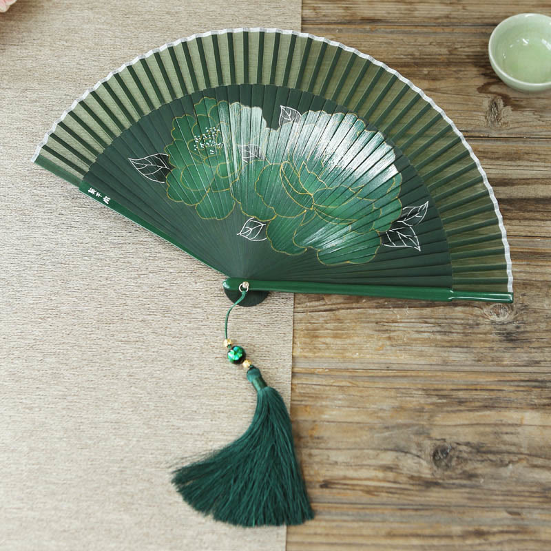 Silk Bamboo Chinese Folding Fan 21cm with Peony Flowers