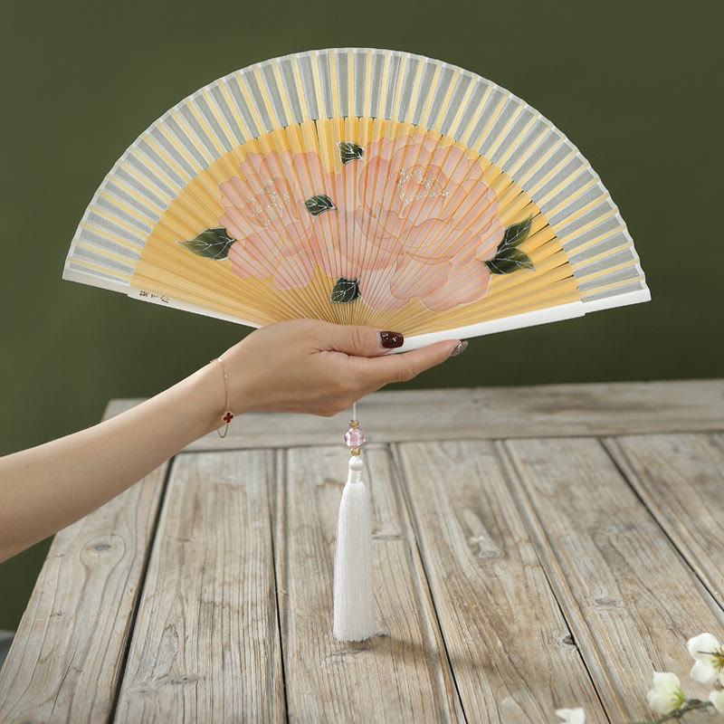 Silk Bamboo Chinese Folding Fan 21cm with Peony Flowers