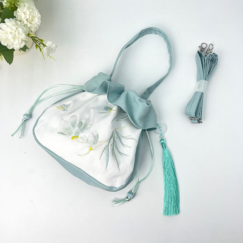 Silk Tote Bag | Embroidered Floral Yoga Carrier 20cm
