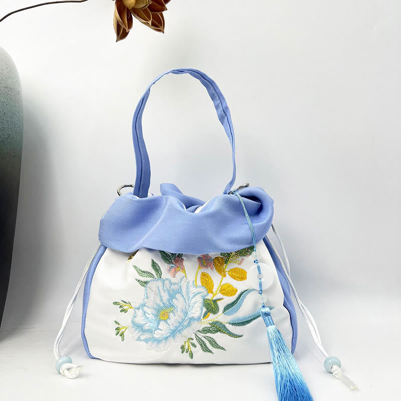 Silk Tote Bag | Embroidered Floral Yoga Carrier 20cm