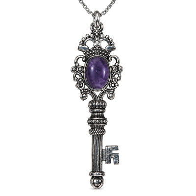 Silver Crystal Key Pendant with Healing Gemstones 65mm, Amethyst, on a white background