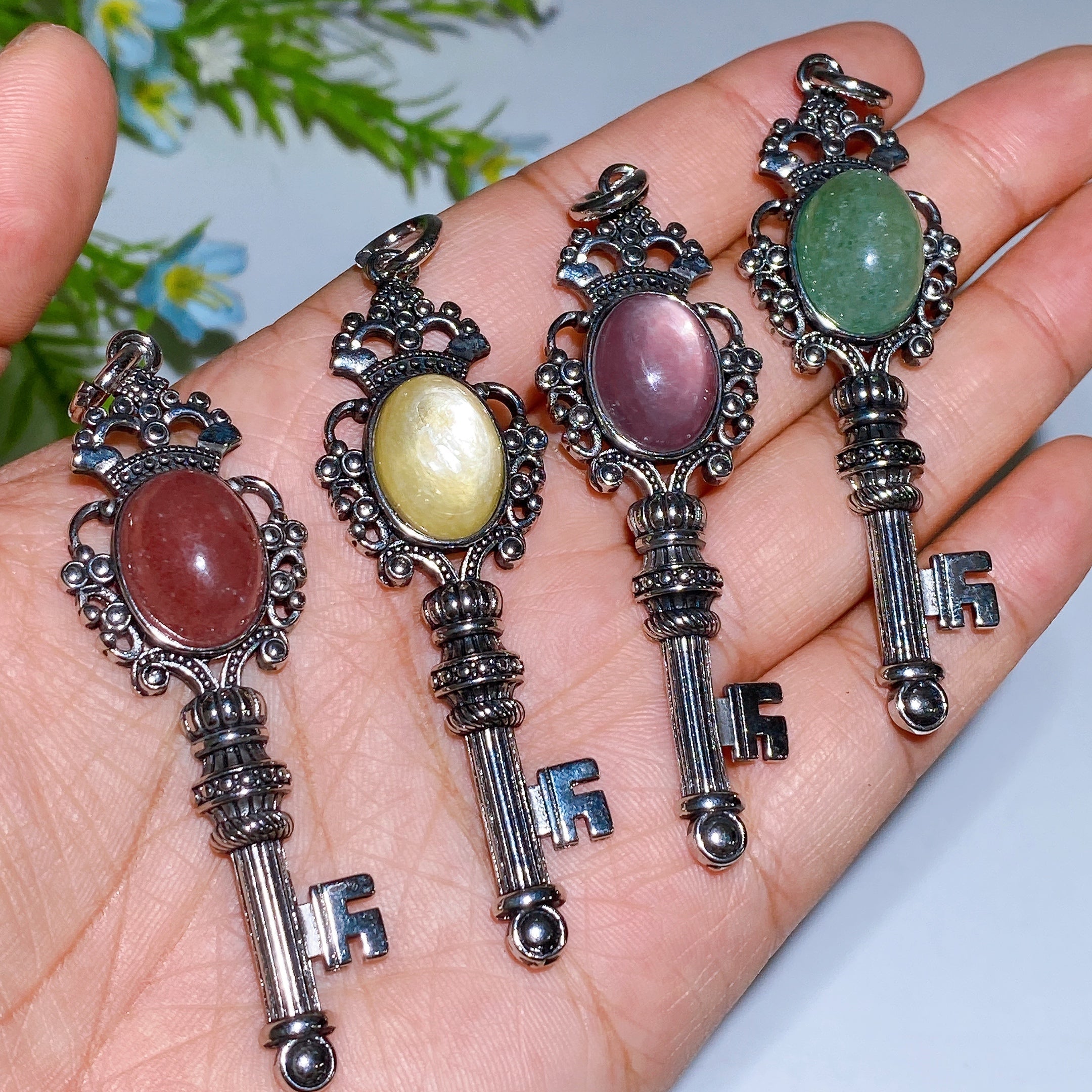 Silver Crystal Key Pendant with Healing Gemstones 65mm