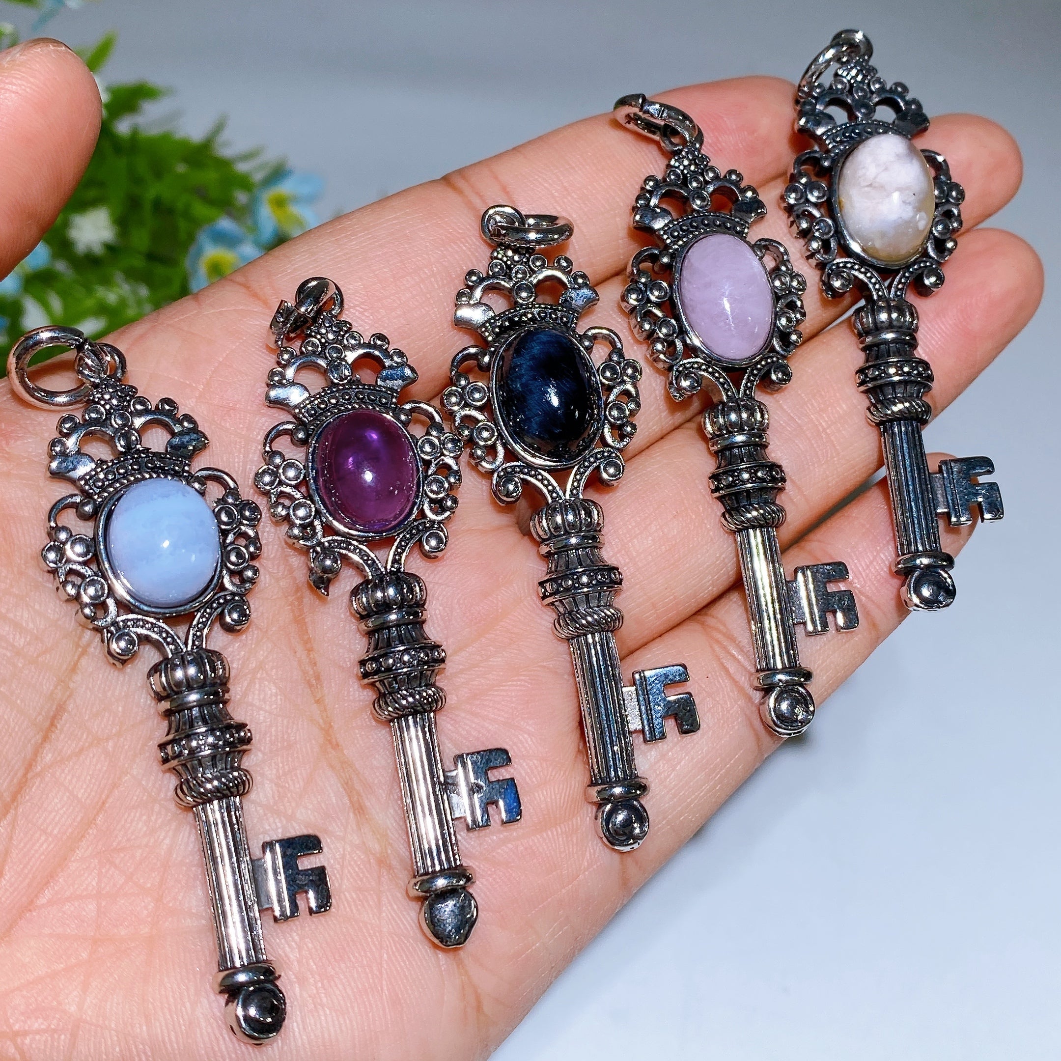 Silver Crystal Key Pendant with Healing Gemstones 65mm