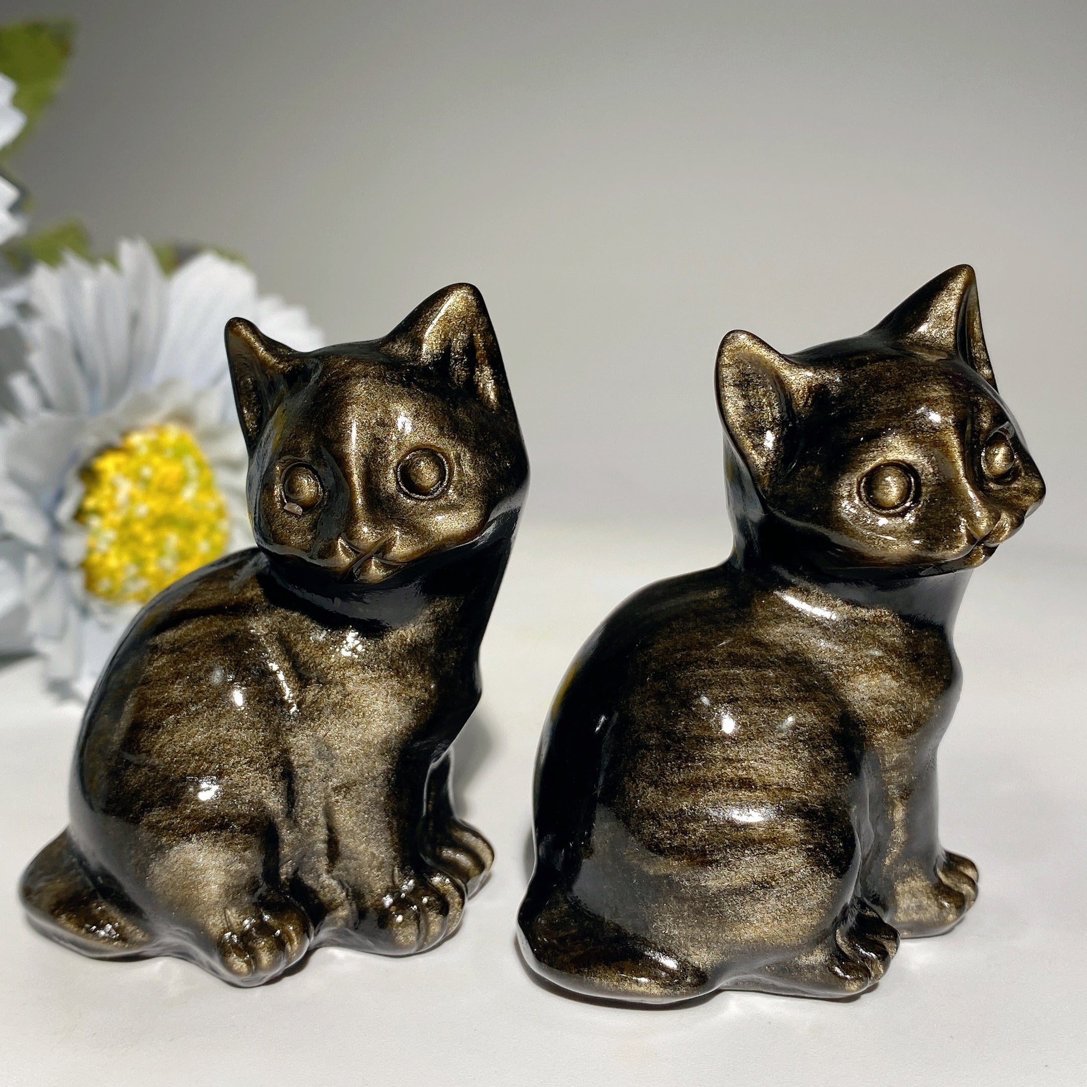 Silver & Golden Obsidian Cat Crystal Carvings 1.4-2.3" Figurines