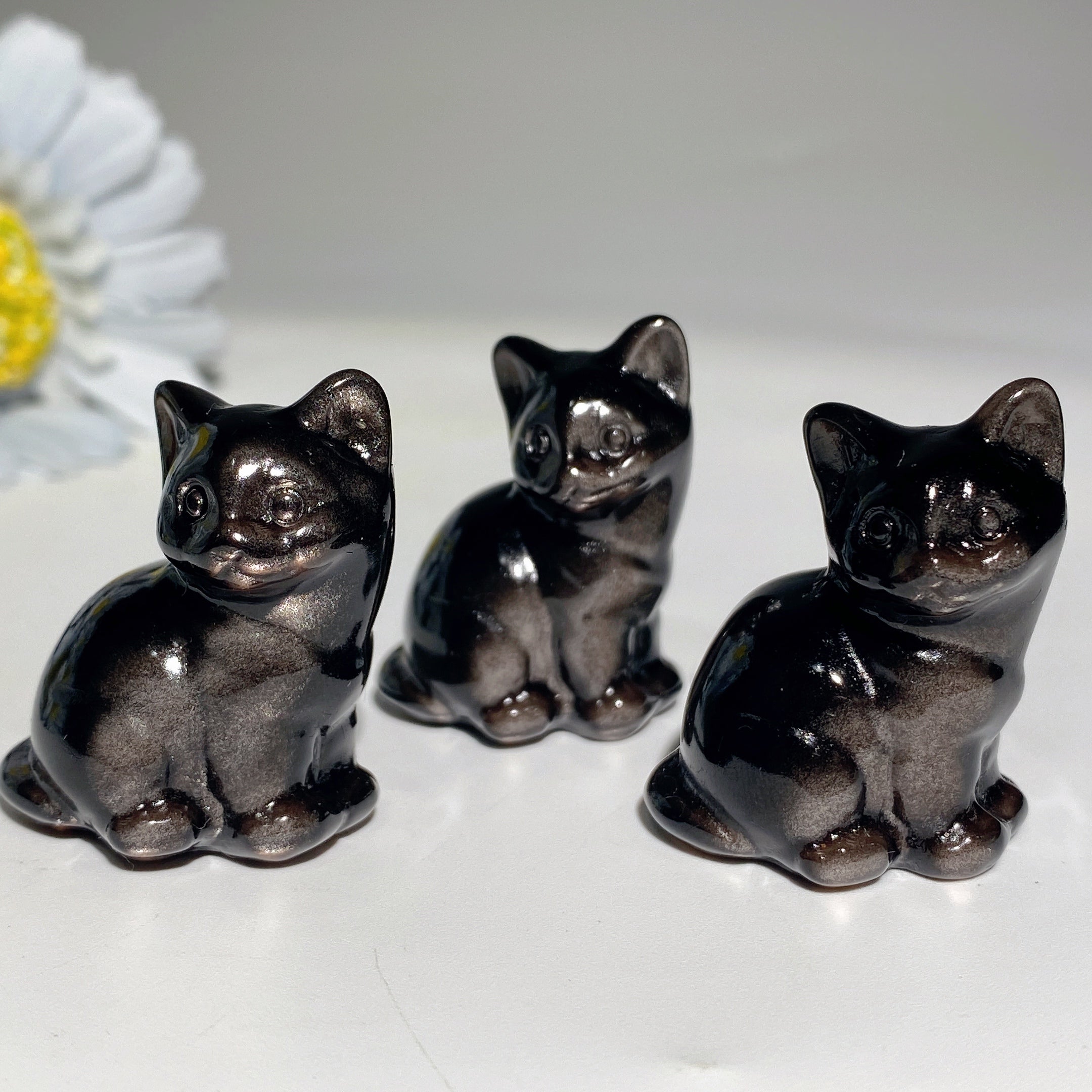 Silver & Golden Obsidian Cat Crystal Carvings 1.4-2.3" Figurines