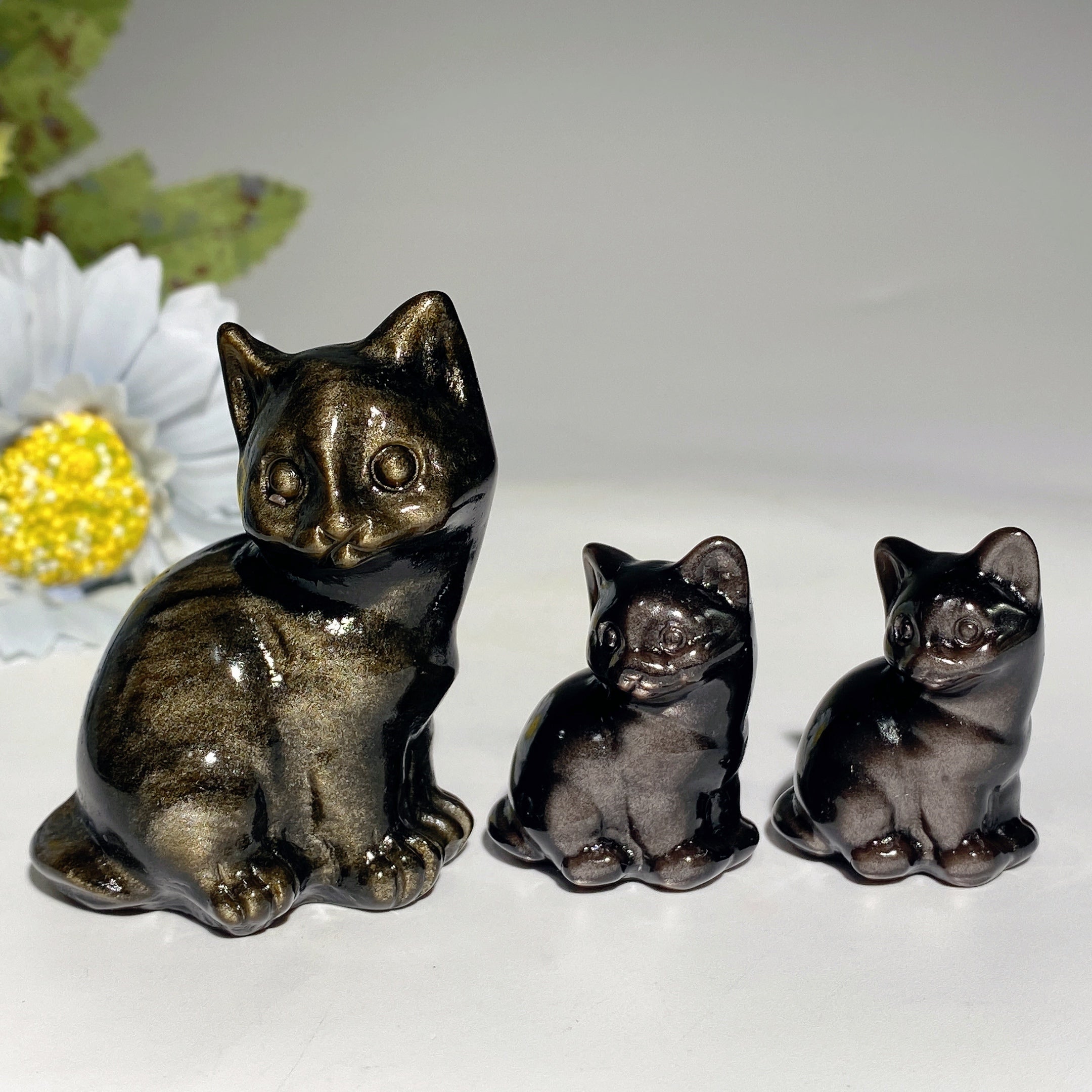 Silver & Golden Obsidian Cat Crystal Carvings 1.4-2.3" Figurines