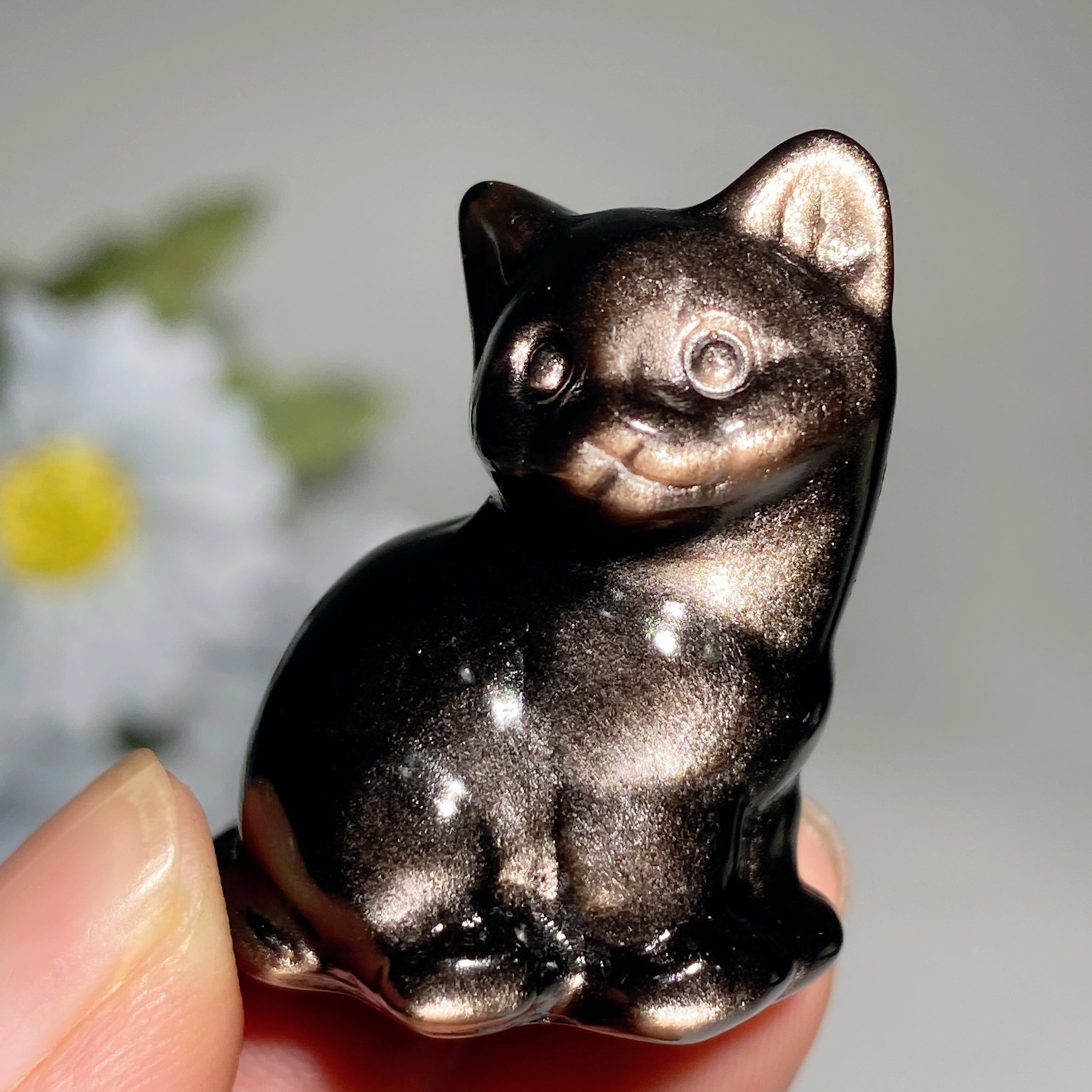Silver & Golden Obsidian Cat Crystal Carvings 1.4-2.3" Figurines