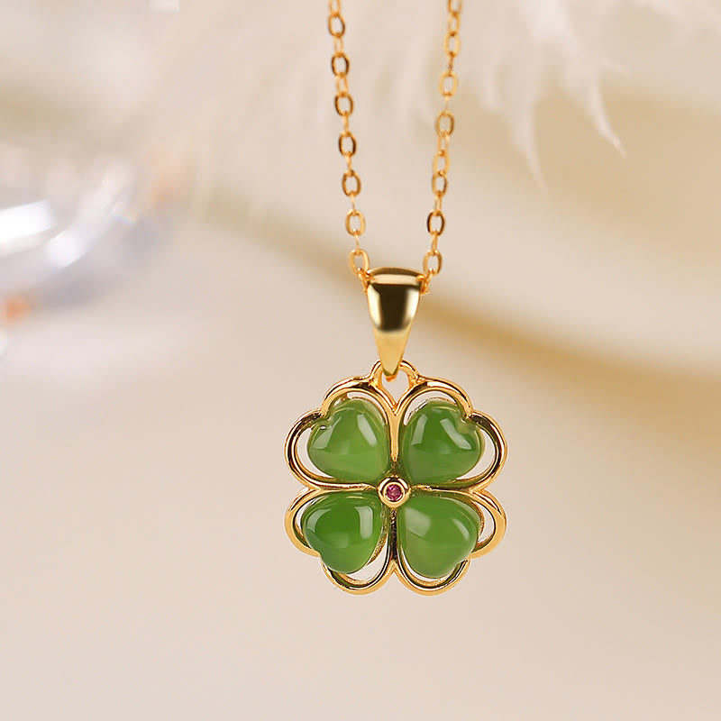 Silver Hetian Cyan Jade Lucky Four Leaf Clover Necklace