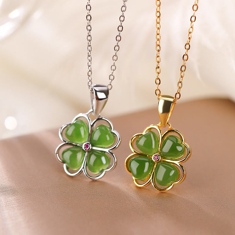 Silver Hetian Cyan Jade Lucky Four Leaf Clover Necklace