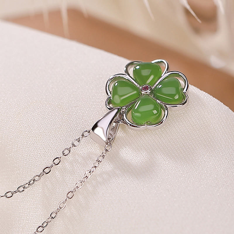 Silver Hetian Cyan Jade Lucky Four Leaf Clover Necklace