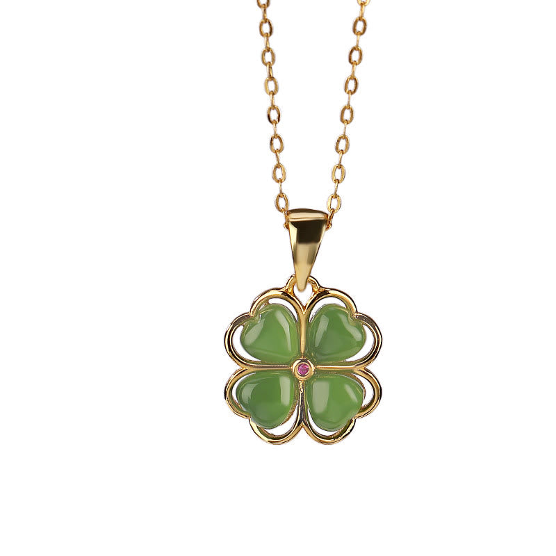 Silver Hetian Cyan Jade Lucky Four Leaf Clover Necklace