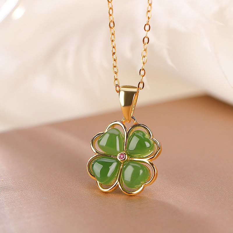 Silver Hetian Cyan Jade Lucky Four Leaf Clover Necklace