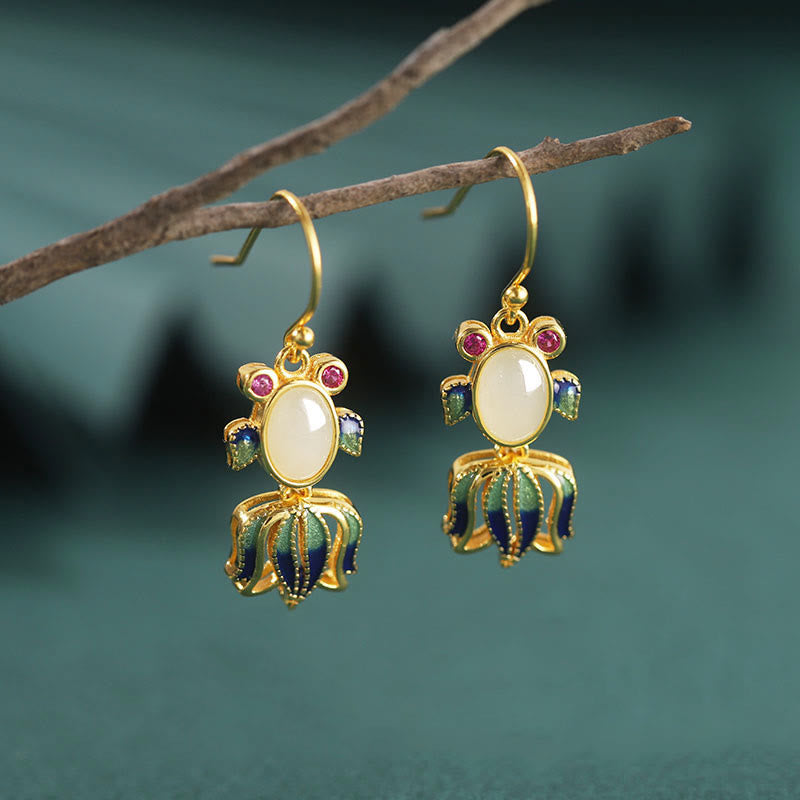 Silver Hetian White Jade Red Agate Fish Drop Earrings