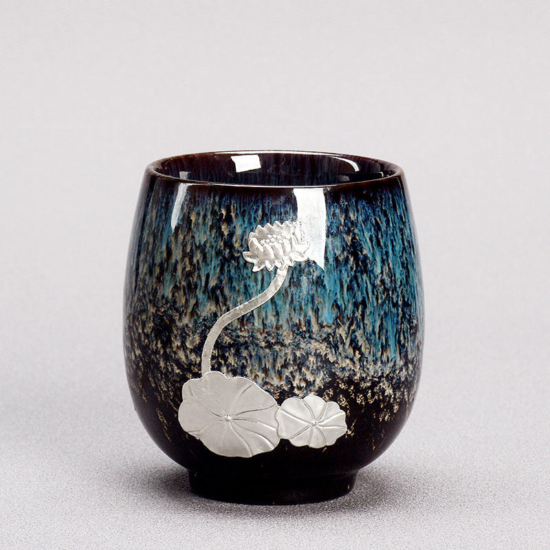 Silver Lotus Flower Leaf Chinese Jianzhan Ceramic Teacup 150ml