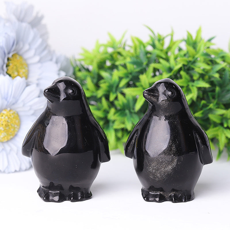 Silver Obsidian Crystal Penguin Carving 3.2 Inch Figurine