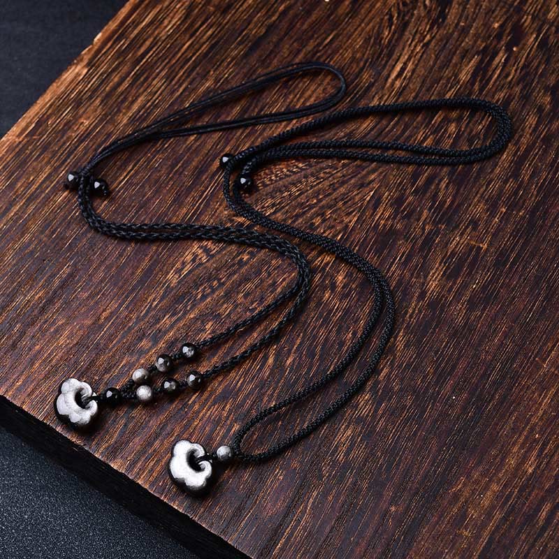 Silver Sheen Obsidian Auspicious Clouds Protection Necklace