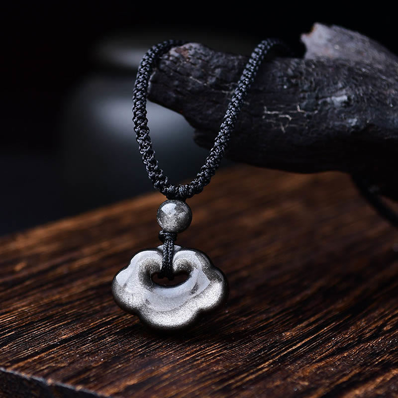 Silver Sheen Obsidian Auspicious Clouds Protection Necklace
