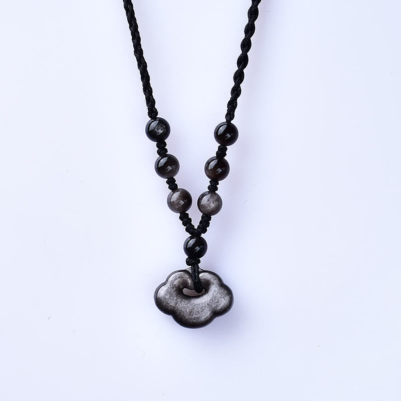 Silver Sheen Obsidian Auspicious Clouds Protection Necklace