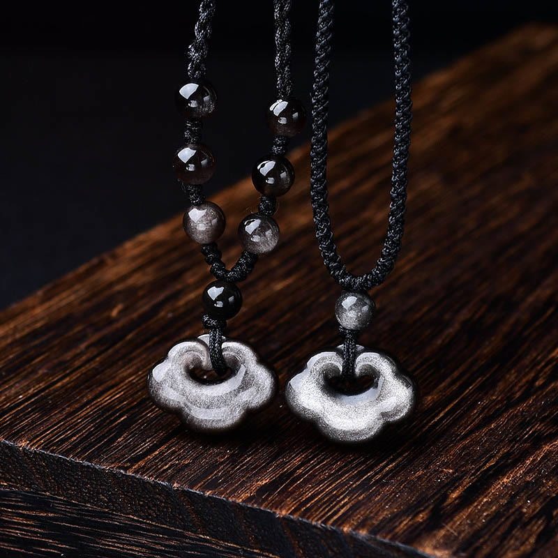 Silver Sheen Obsidian Auspicious Clouds Protection Necklace