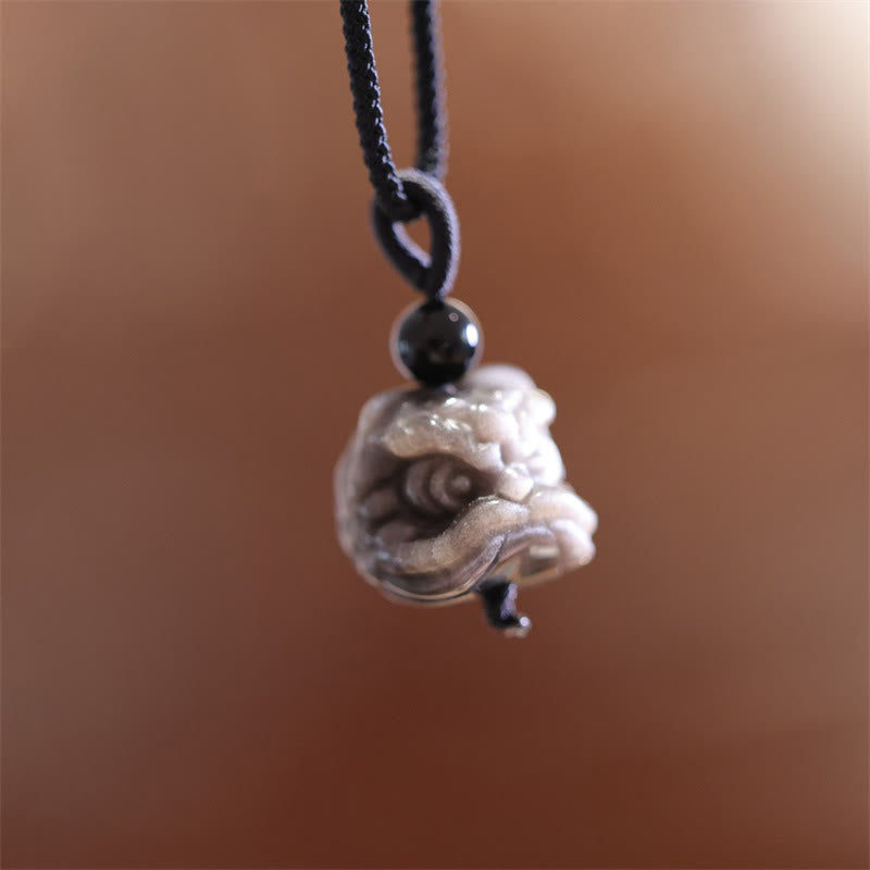 Silver Sheen Obsidian Dancing Lion Protection Necklace Unisex