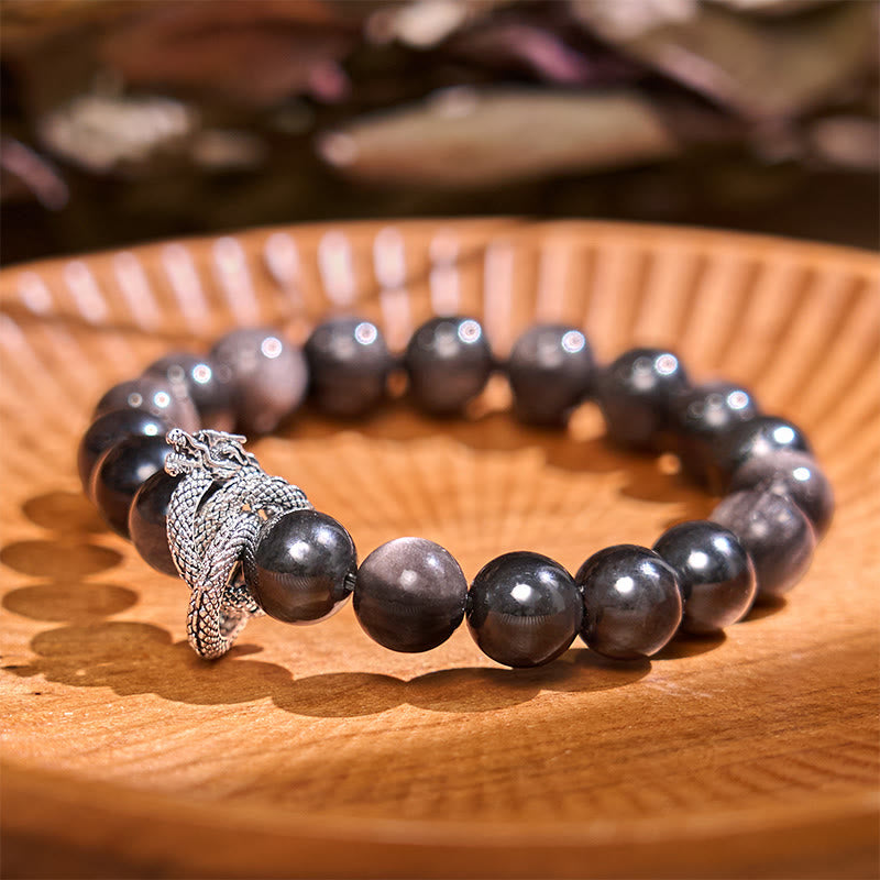 Silver Sheen Obsidian Dragon Protection Bracelet 10mm