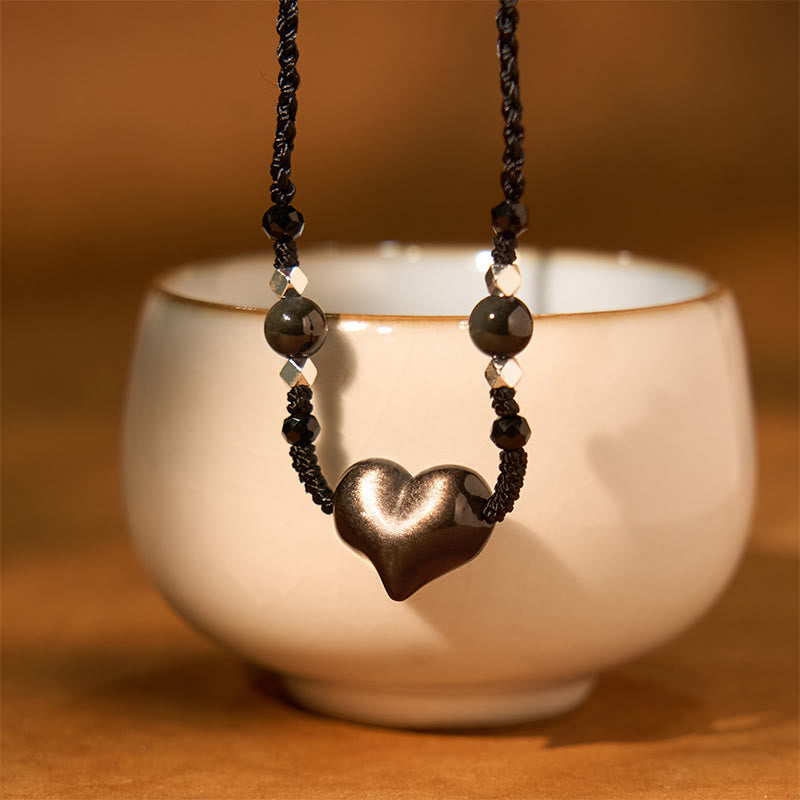 Silver Sheen Obsidian Heart Protection Necklace for Women