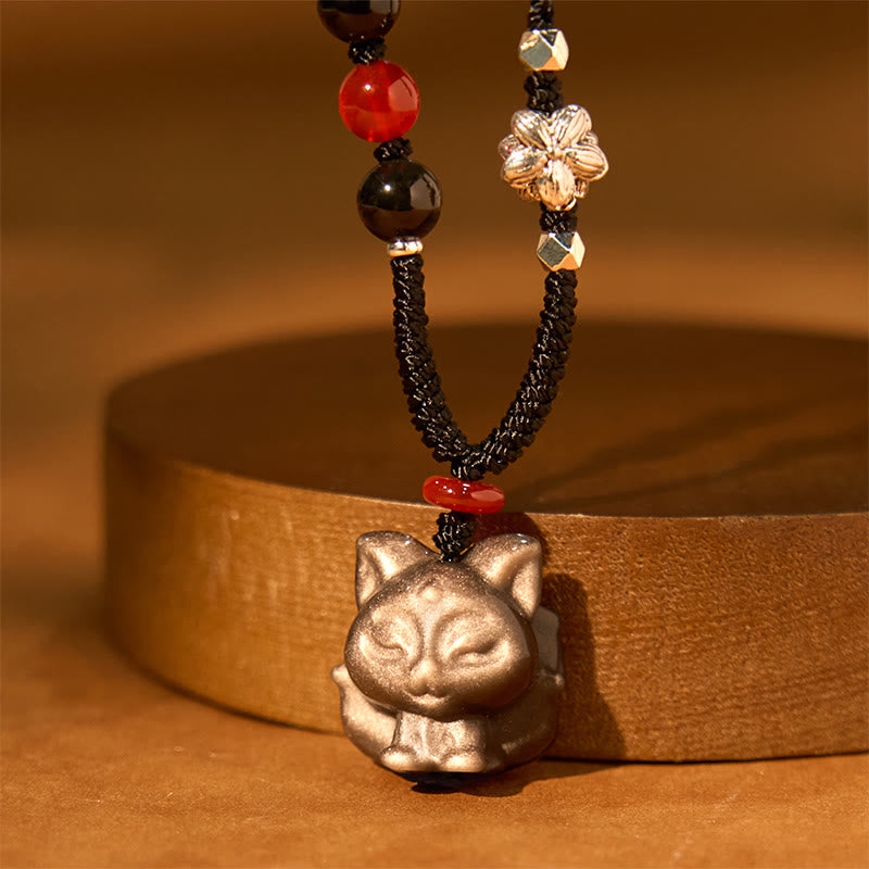 Silver Sheen Obsidian Nine Tailed Fox Protection Necklace
