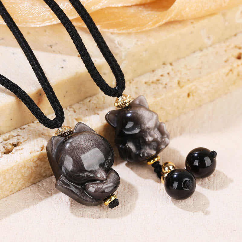 Silver Sheen Obsidian Nine Tailed Fox Protective Necklace