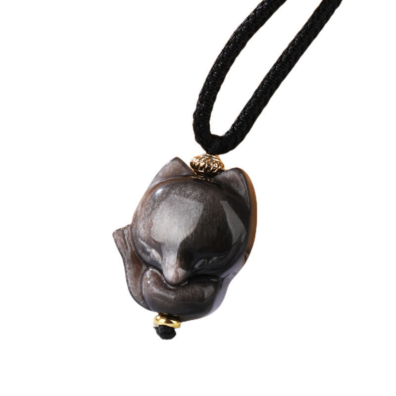 Silver Sheen Obsidian Nine Tailed Fox Protective Necklace