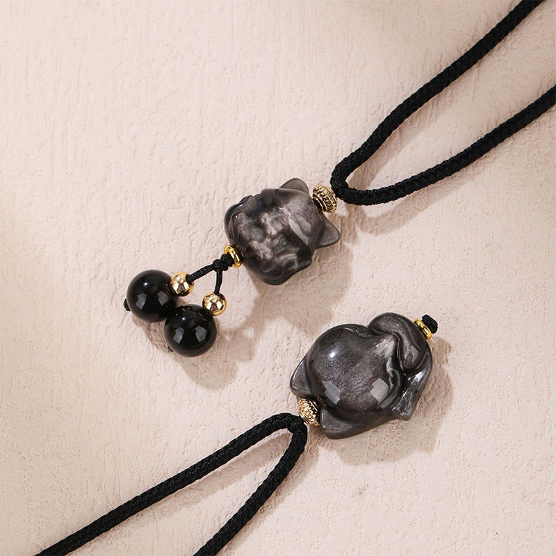 Silver Sheen Obsidian Nine Tailed Fox Protective Necklace