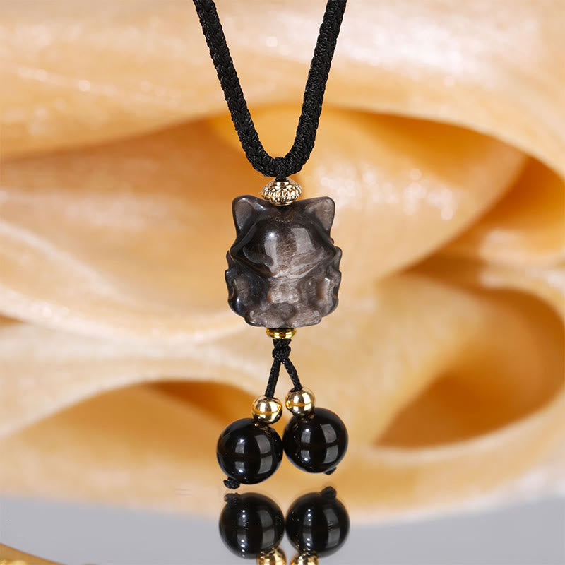 Silver Sheen Obsidian Nine Tailed Fox Protective Necklace