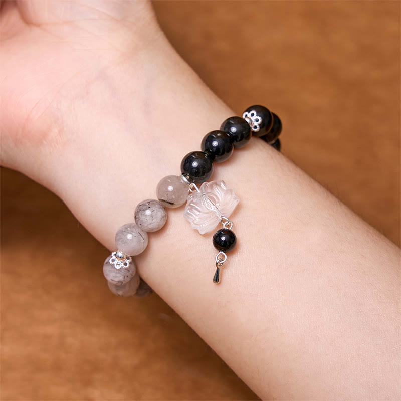 Silver Sheen Obsidian Protection Bracelet with Yin Yang Lotus Charm