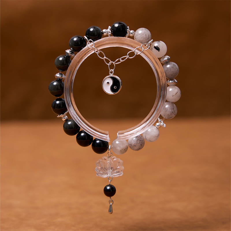 Silver Sheen Obsidian Protection Bracelet with Yin Yang Lotus Charm