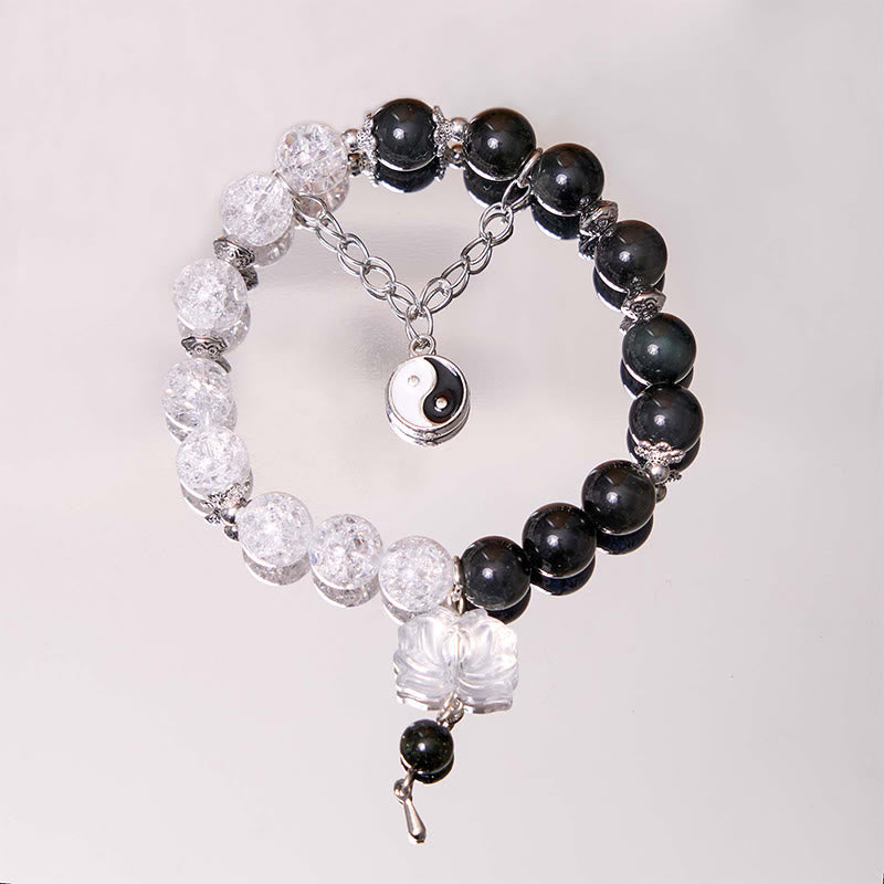 Silver Sheen Obsidian Protection Bracelet with Yin Yang Lotus Charm